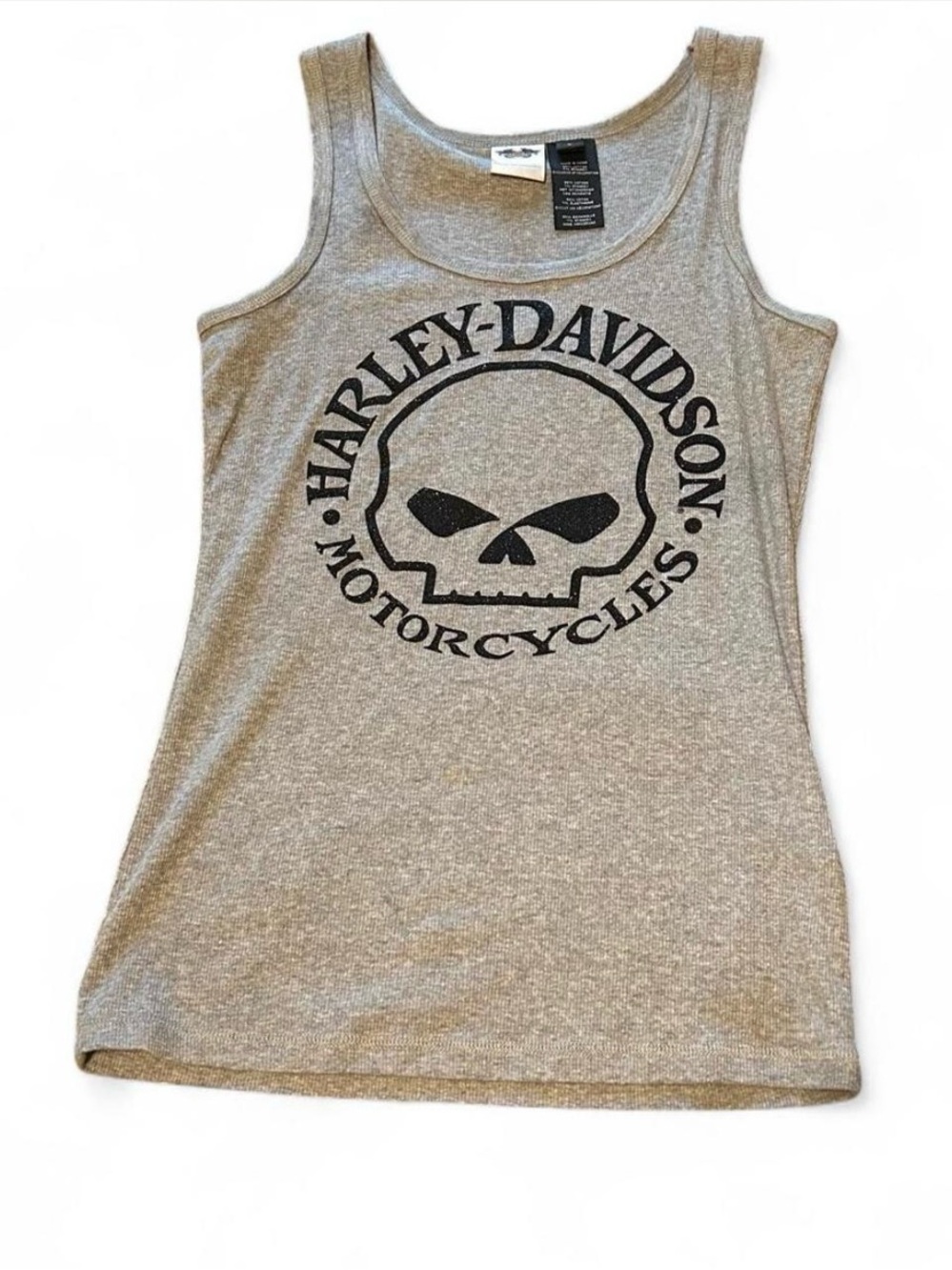 harley davidson gray ribbed tank top with black glittery skull logo